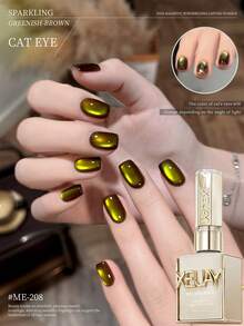 XEIJAYI 1支装 15ml 棕绿色猫眼凝胶指甲油 2025 新款流行色金色玻璃珠美甲贴，适合女性和女孩，圣诞美甲用品 - 橄欖綠 - 查看 4
