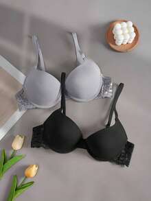 女士舒适内衣套装（2件装）——奢华聚拢文胸，精致蕾丝细节，高支撑力，柔软透气面料，带来极致舒适体验 - 彩色 - 查看 2