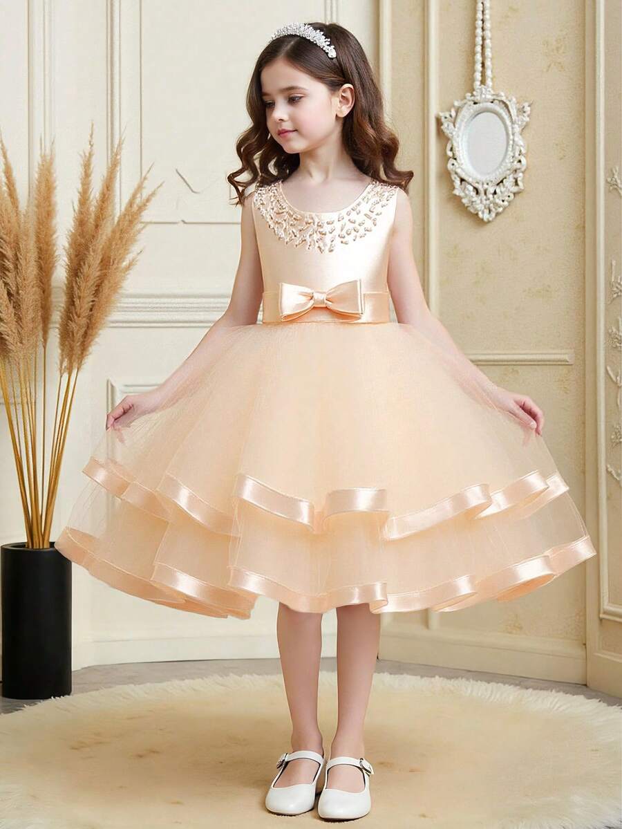 Young Girls' Solid Color Bow Tulle Satin Sleeveless Puffy Skirt, Elegant Formal Dress Suitable For Banquet And Party, Excluding Headband - 香檳色 - 查看 1