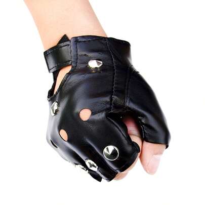 1 Pair Halloween PVC Synthetic Leather Half Finger Gloves, Street Dance Performance Hip Hop Style, Halloween Rivet Decor Warm Accessories