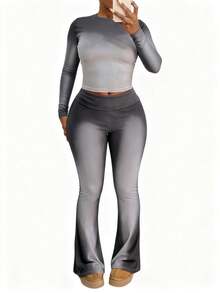 Blazique Conjunto de 2 piezas de camiseta de manga larga con cuello redondo y degradado y pantalones acampanados con degradado para mujer, ropa de otoño