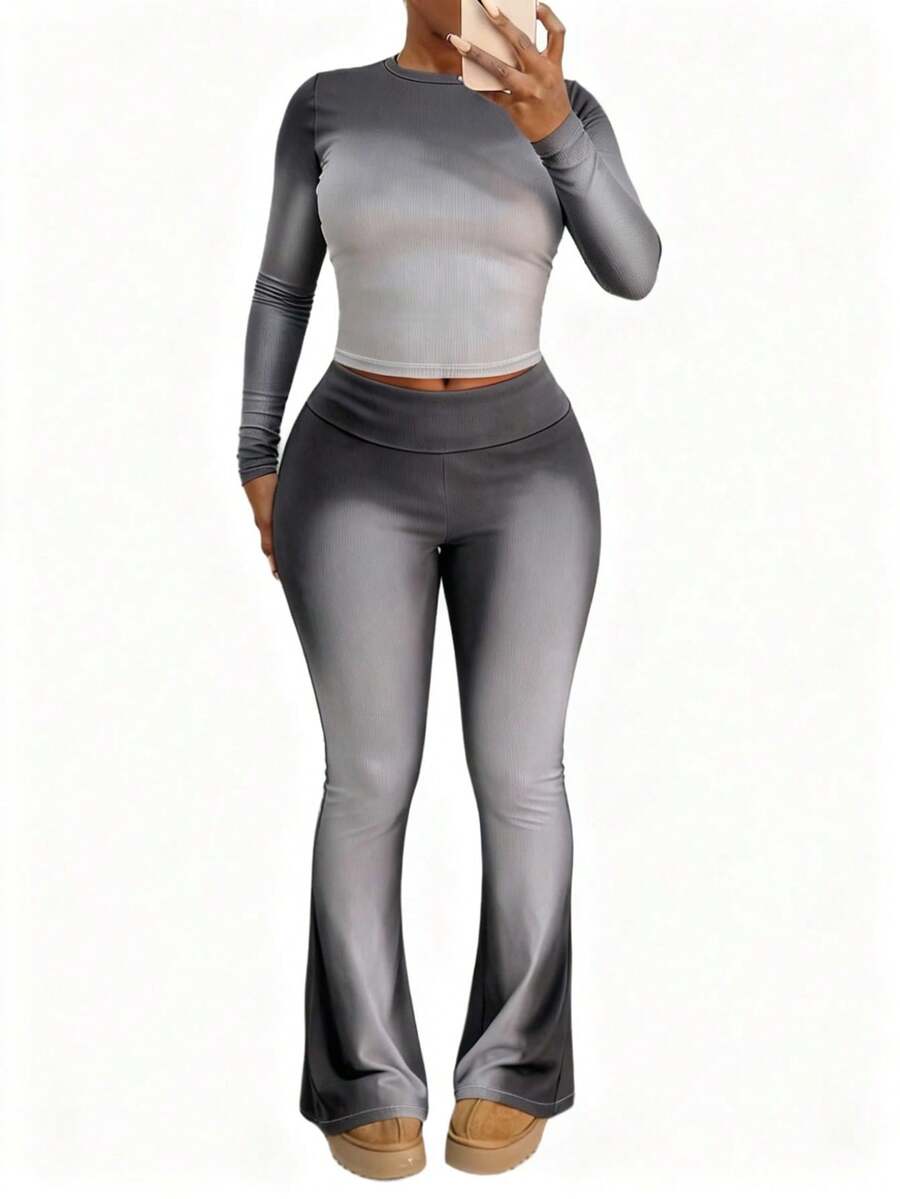 Blazique Conjunto de 2 piezas de camiseta de manga larga con cuello redondo y degradado y pantalones acampanados con degradado para mujer, ropa de otoño