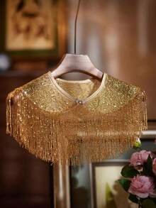 1件复古闪亮金色串珠优雅披肩，手工流苏斗篷，弹力套头披肩，适合派对、晚礼服等场合，女士装饰派对流苏披肩，涤纶材质 - 金色 - 查看 5