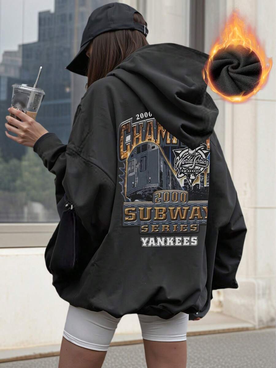 女士秋冬新款极简复古机械字母汽车印花休闲卫衣，时尚百搭 - 黑色 - 查看 1