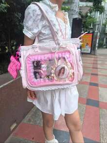 1个可爱日系女孩单肩包，饰有珍珠蝴蝶结和蕾丝边，优雅可爱，透明装饰，适合角色扮演、动漫展、日常使用，可拆卸可调节肩带，大容量手提包，适合学生、可爱时尚的女士手提包、钱包、痛包，可用于购物、聚会、展示动漫周边、旅行、上学等，情人节，可爱风 - 粉色 - 查看 6