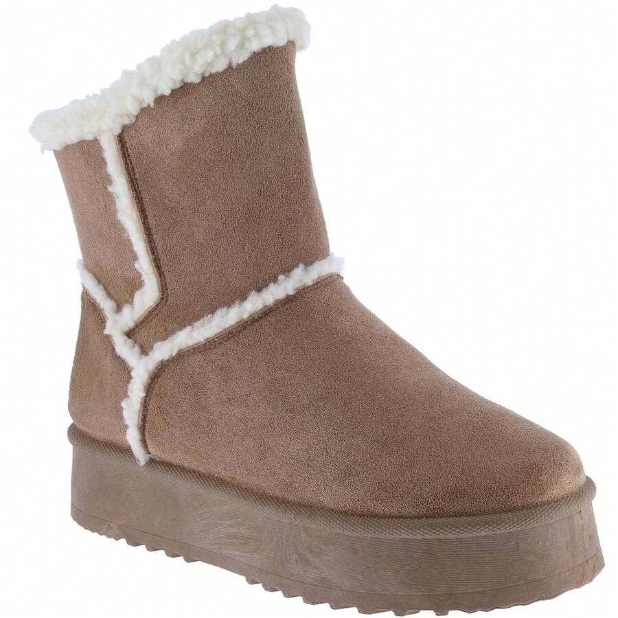 Women's Faux Shearling Lined Platform Winter Snow Boots Warm Cozy Ankle Booties Slip-On Outdoor Boot - màu nâu - Xem 1