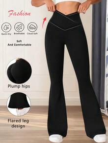 Calça Flare Preta Feminina, Calça de Ioga Casual, Volta às Aulas, Roupa Feminina de Outono, Calças, Calça de Moletom, Calça Comprida Feminina Primavera - Preto - Visão 2