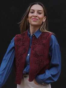 Wildy Western Wear 女士麂皮背心，女士休闲无袖外套，夏季服装 - 酒紅色 - 查看 11