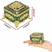 HAWTVintage Jewelry Box Small Trinket Storage Organizer Box Gold Metal Chest Ring Case Treasure Chest Square Keepsake Boxes For Earrings Necklace Gift For WomenGreen - Green - View 2