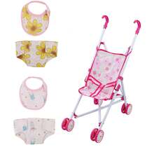 可折叠娃娃推车，花卉图案，适用于12英寸娃娃，可折叠婴儿车，适合幼儿和女孩，包含工具，逼真的娃娃推车，适合3岁及以上儿童，不含娃娃
