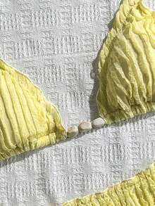 女士夏季海滩度假派对特制纯色纹理面料露背系带开衩比基尼套装 - 黃色 - 查看 4