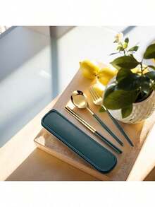 4-Piece Portable Stainless Steel Cutlery Set, Dishwasher- Reusable Utensil Set, Including Fork, Spoon, Chopsticks With Case (Gold Green) - Olive Green - View 9