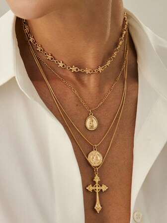 复古金属耶稣十字架项链四件套，多层设计首饰套装，适合日常佩戴、旅行、派对和音乐节。
