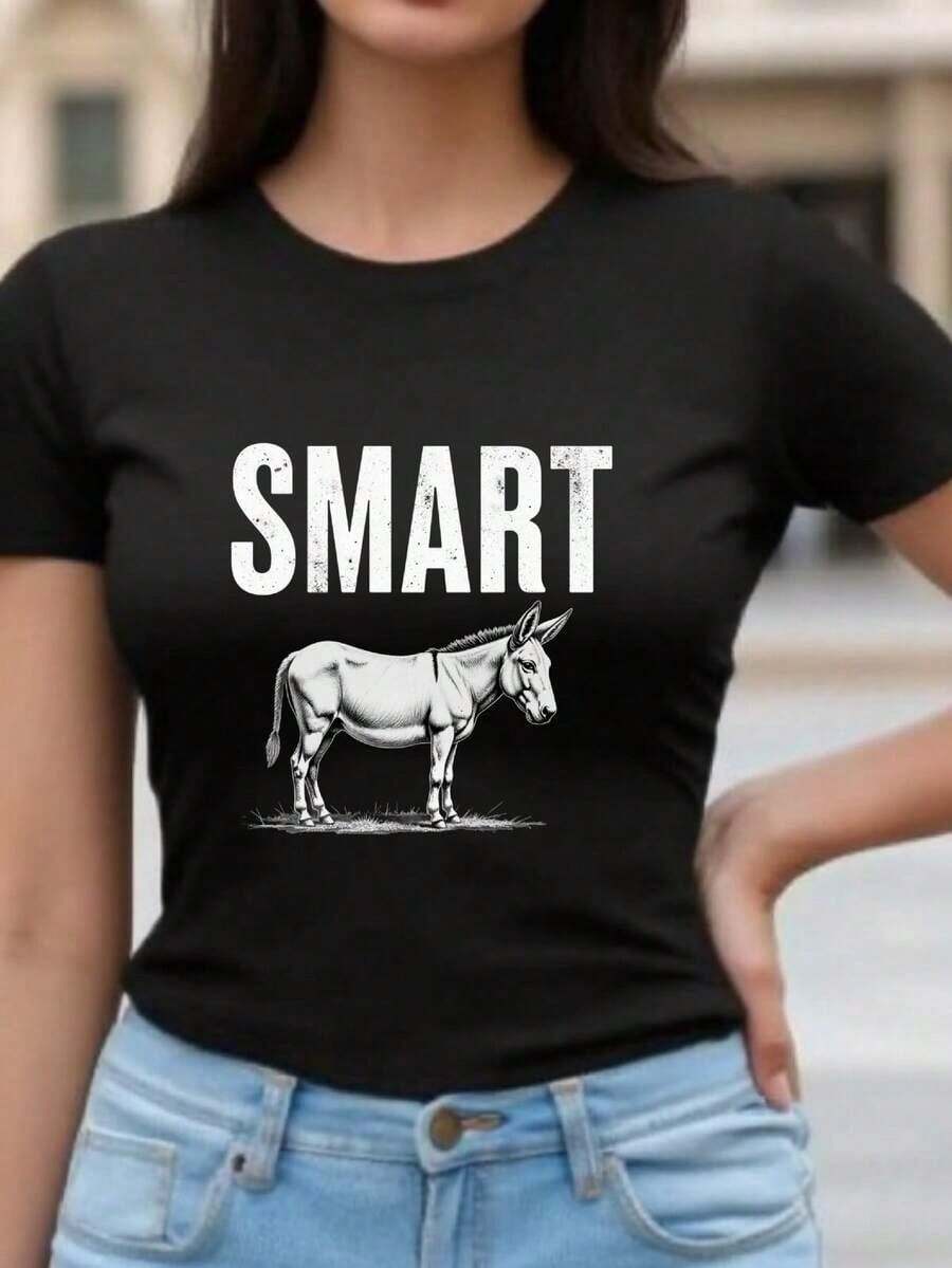 Smart Donkey Graphic T-Shirt For Women - Casual Funny Tee ,Soft Cotton Short Sleeve Top ,Perfect For Everyday Wear ,Summer And Spring Season ,Suitable For Adults And Teens Unisex Plus Size T Shirts - màu đen - Xem 1