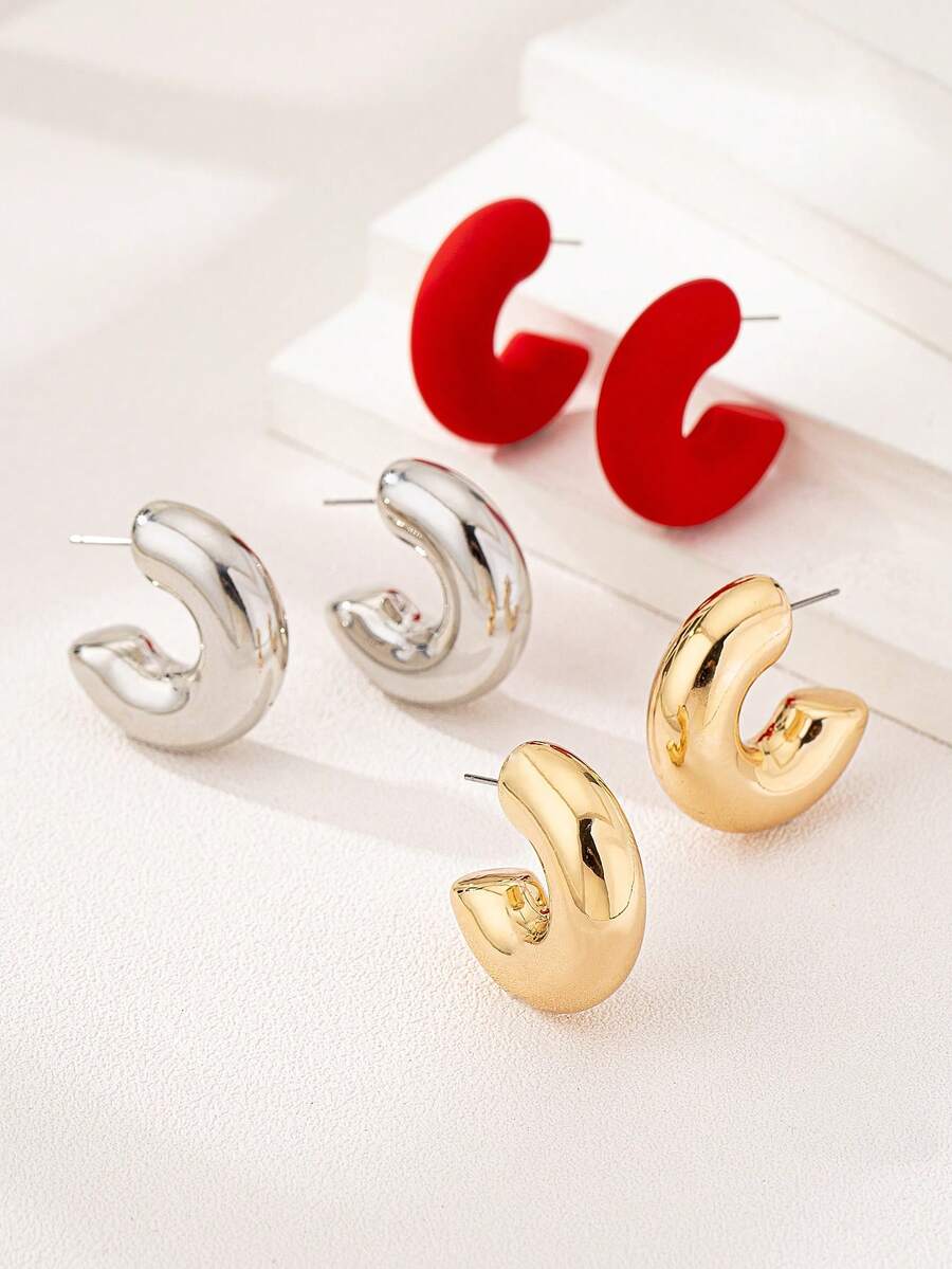 3 pares de pendientes de aro en forma de C con diseño geométrico minimalista, aptos para uso diario y para ir al trabajo