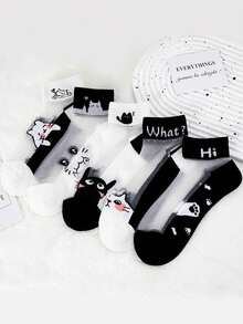 5pairs Cartoon Graphic Ankle Socks - Black and White - View 6