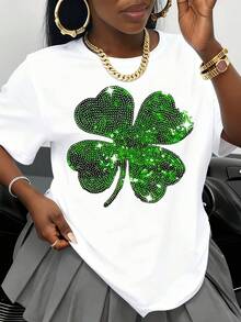 St Patrick Day Lucky Clover Sequin T Shirt Women White Casual Short Sleeve Top Sparkly Green Four Leaf Clover Design Festive Irish Apparel For St Patricks Day Celebration Comfortable Soft Cotton Blend Fashion Statement Piece Perfect For Party Outfit Or Everyday Wear And Eye Catching Graphic Tee With Shiny Rhinestones Elegant And Fun Style For Spring Season Celebrate Luck And Fortune With This Beautiful Shamrock Print Shirt Ideal Gift For Friends And Family On St Patricks Day - 白色 - 查看 2