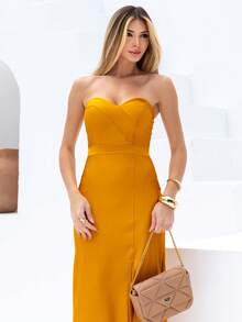 Strapless Maxi Dress With Slit, Trilobal Knit - Gold - View 4