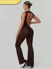 GOSOUER 1 Peça Macacão Flare Feminino Sexy com Decote V Profundo Vazado, Estampa de Onça, Gola Redonda, Zíper Frontal, Cintura Alta, Contorno, Esporte, Corrida, Fitness, Ginástica, Dança - Vinho - Visão 9