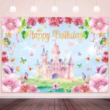 1 pieza Pancarta de fiesta de cumpleaños, hecha de material de poliéster, con mariposas rosas, flores y fondo de castillo, adecuada para decoración interior y exterior, decoración de fiesta de cumpleaños, decoración de fiesta y decoración de fondo fotográfico - Multicolor - Ver 5
