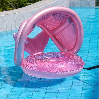 1 pieza Anillo inflable de bebé de verano, flotador con forma de cola de sirena rosa para la playa, anillo de natación de sirena para bebé con toldo protector solar para piscina y playa, asiento inflable para piscina
