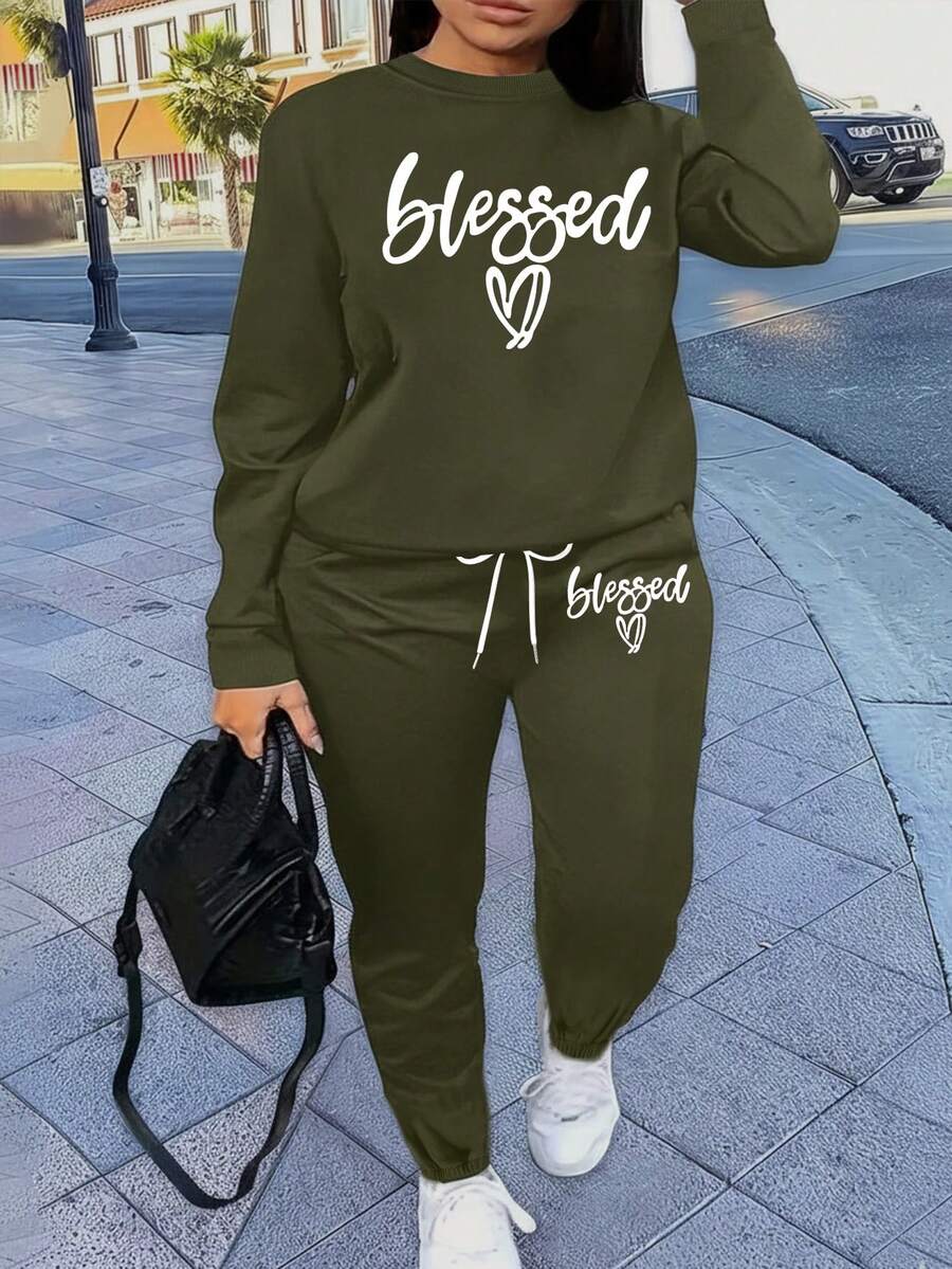 Plus Size Hoodie Two Pieces Fashion Warm Plus Fleece Round Neck Sweatshirt + Sports Sweatpants Simple Letter Print Suitable For Autumn And Winter Running Exercise Leisure Home Comfort Set - Olive Green - View 1