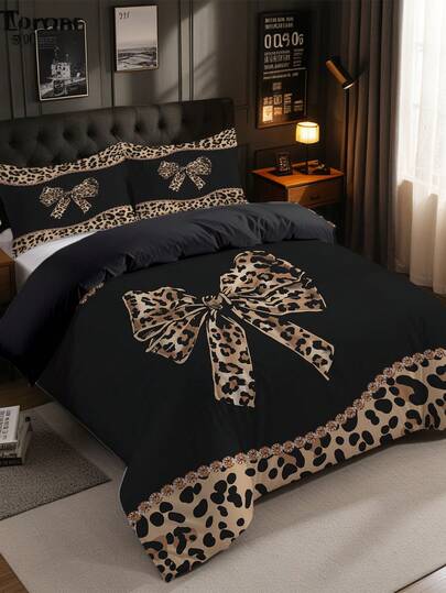 3pcs Leopard Print Bow Bedding Set (1 Duvet Cover + 2 Pillowcases, Comforter Not Included), Featuring Sexy Alluring Leopard Print Design, Soft & Skin-Friendly, Relieving Visual Fatigue, Suitable For All Seasons, Zipper Closure, Applicable For Hotel, Bedroom, Guest Room And Dormitory Bedding Decor, Low Allergenicity, Easy Care, Fashionable Lightweight, Breathable, Style.