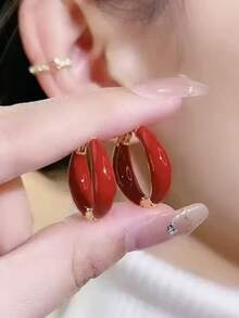 1 Pair Classic European And American Fashion Red And Green Enamel Hoop Earrings, Minimalist Versatile Earrings For Women, Autumn/Winter Unique High-End Earrings - Multicolor - View 9