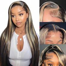 34 Inch 200% Density 1b/27 Highlight 13x4 Lace Frontal Wigs Brazilian Human Blended Hair For Women 13x4 Large HD Transparent Lace Frontal Wigs Wigs Pre Plucked With Baby Hair 12A For Women's Daily And Holiday Occasions Wig - S1B/27 - 查看 5