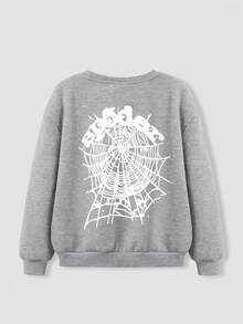 Boys' cotton black drop-shoulder sweatshirt, street-style cool spider web pattern top, loose-fitting casual sweatshirt, thick fabric warm round-neck sweatshirt for autumn and winter, leeren's flee-Crena's flee-d leeaut.com - 黑色+杏色+花灰色 - 查看 3