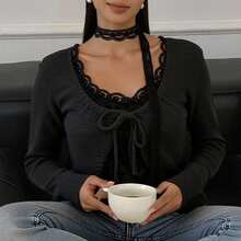 Livesso 女士蕾丝拼接系带长袖T恤，秋冬款 - 灰色 - 查看 6