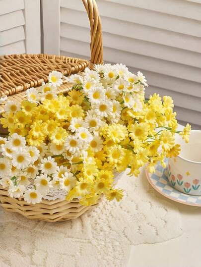 10英寸人造雏菊、优雅的洋甘菊和向日葵，适合户外花瓶中心装饰、DIY家居派对、春季野花婚礼雏菊派对装饰（白色）、洋甘菊、摄影道具花束、场景装饰（不含花瓶）