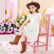 1 Pair Girls Cowboy Boots Cowgirl Western Boot For Kids Rhinestone Sparkly Toddler Dress Boots Ponited Toe Mid Calf Birthday Party For Little Big Kid - 棕色 - 查看 10