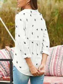 女士休闲鸟印花长袖衬衫，音乐节风格，春夏 - 白色 - 查看 4