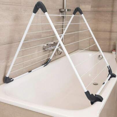 1 Droogrek voor in bad, creatief driehoekig opvouwbaar droogrek, geschikt voor drogen in meerdere hoeken. Opvouwbaar voor opslag, eenvoudig te gebruiken zonder installatie en geschikt om vrij te drogen op de badkuip. Zeer lichtgewicht en multifunctioneel. Geschikt voor zowel binnen als buiten.