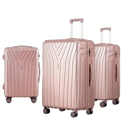 Wanderlite Luggage Set 3pcs Pink Suitcase Hand Luggages Travel Hard Case Hardside Shell Lightweight Trolley Carry On Bag Rolling Small Medium And Large TSA Lock