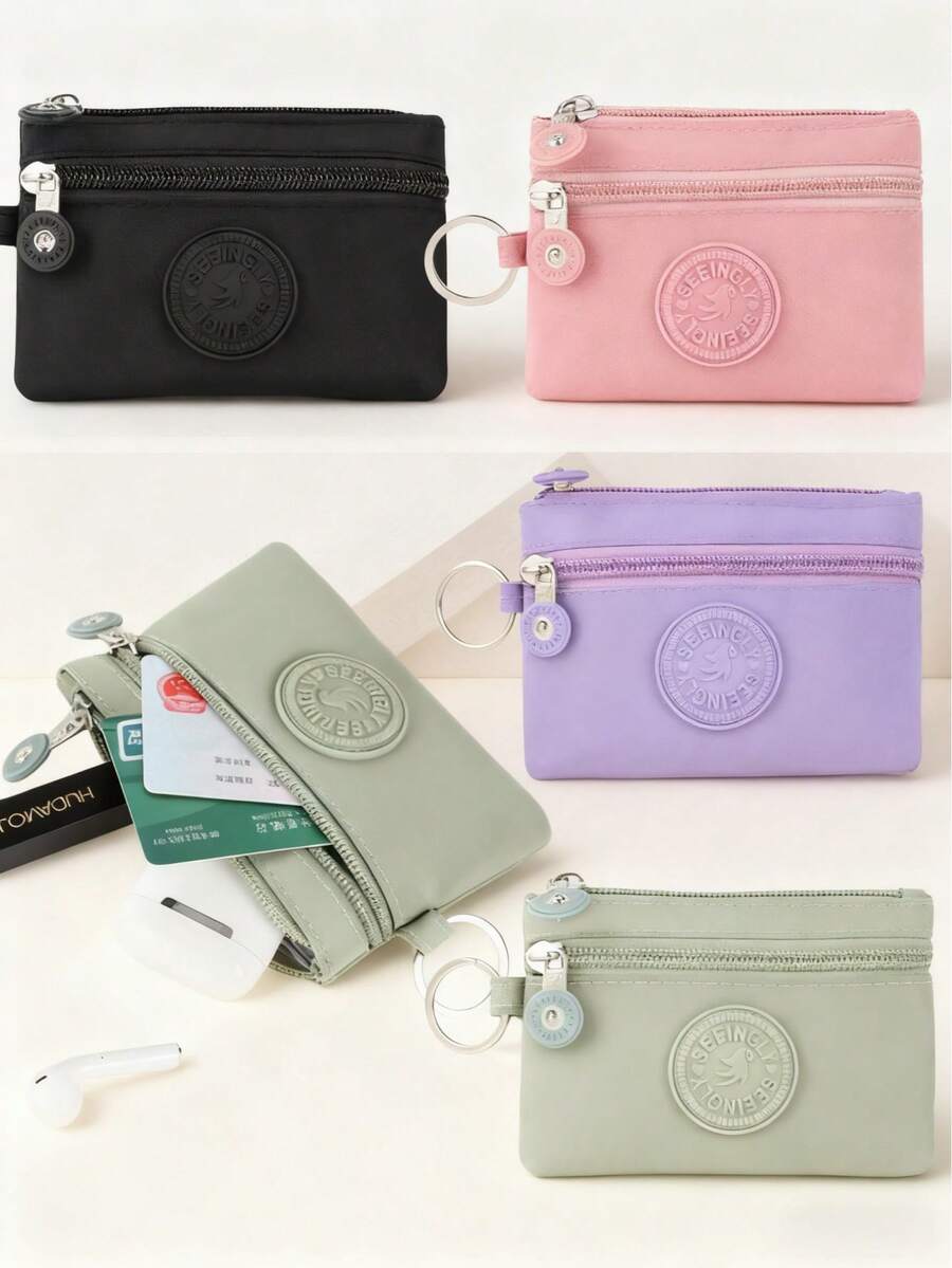 Unisex Coin Purse/Document Wallet With Zipper And Keychain, Purple/Pink/Rose Pink, Fashion Coin Pouch - Multicolor - View 1