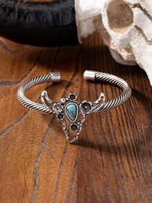 1件装西部风格手镯，女士蓝色绿松石手镯，西部乡村风格首饰 - 西部風牛頭開口手鐲 - 查看 3