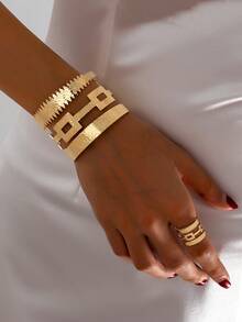 1 Set Elegant Adjustable Geometric Floral Pattern Bangle And Ring Set, Suitable For Daily Wear And Parties - Yellow Gold - View 13