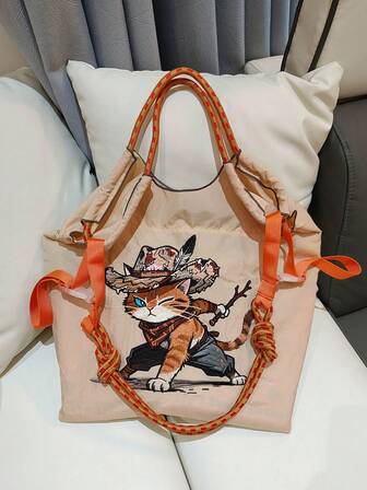 1 st ny enkel mångsidig broderad Kung Fu-kattmönster nylon shoppingväska med stor kapacitet, justerbar axelrem, lämplig för daglig pendling, shopping, fest