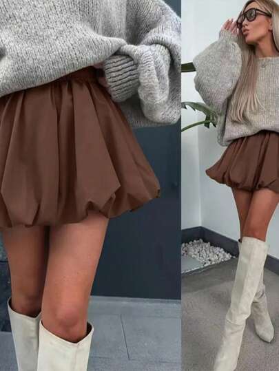 Solstice Apparel Bubble Pleated High Waist A-Line Mini Skirt, Coffee Woven Fabric, Commute, Daily, Date, Spring/Summer, Valentine's Day