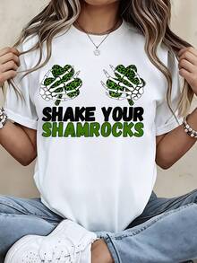 Shake Your Shamrocks St Patrick's Day T-Shirt With Leopard Print Clover Design Funny Cute Irish Themed Shirt For Women And Girls Casual Wear Party Outfit Celebrate Saint Patrick's Day In Style White Tee With Green And Black Graphics Comfortable Soft Cotton Material Perfect For Festive Occasions And Holiday Events Statement Top For Spring Season Fun And Playful Design That Shows Off Your Love For Irish Culture And Tradition Great Gift Idea For Friends And Family During St Patricks Day Celebrations - 白色 - 查看 1
