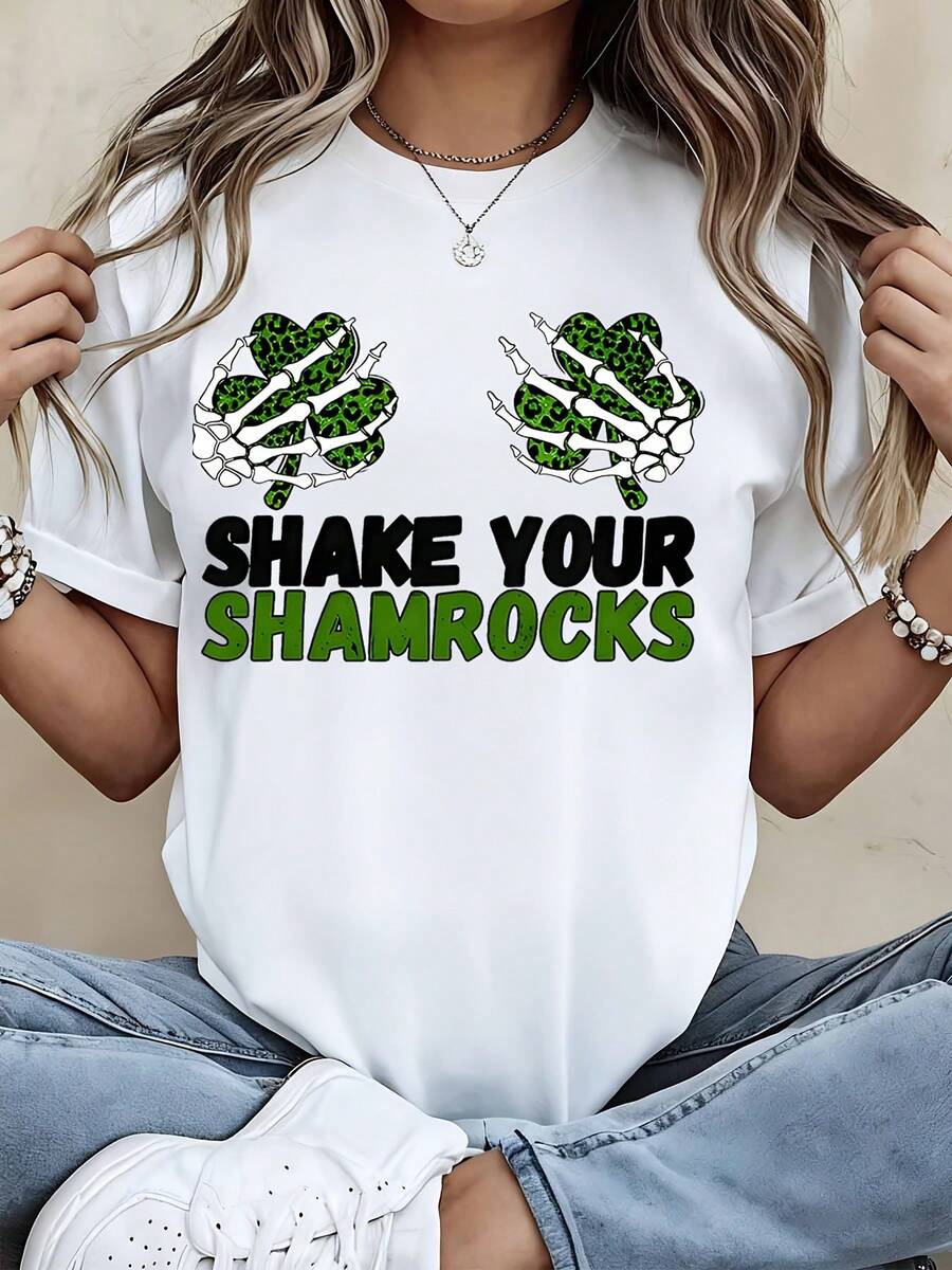 Shake Your Shamrocks St Patrick's Day T-Shirt With Leopard Print Clover Design Funny Cute Irish Themed Shirt For Women And Girls Casual Wear Party Outfit Celebrate Saint Patrick's Day In Style White Tee With Green And Black Graphics Comfortable Soft Cotton Material Perfect For Festive Occasions And Holiday Events Statement Top For Spring Season Fun And Playful Design That Shows Off Your Love For Irish Culture And Tradition Great Gift Idea For Friends And Family During St Patricks Day Celebrations - 白色 - 查看 1