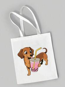 1pc Spacious Canvas Handbag With Cute Sausage Dog, Cute Puppy Print - Reusable Grocery Bag, Durable Shoulder Strap, Perfect For Shopping And Gifts, Women's Large Capacity Beach Shoulder Bag, Perfect Gift For Grocery Store Shopping And Daily Use, Suitable For Travel, School And Daily Commuting, The Best Gift For Dog Lovers