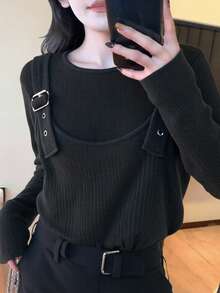 DAZY 女士竖条纹二合一可调节肩带宽松长袖休闲街头风T恤 - 灰色 - 查看 7