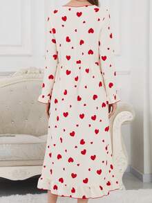 1pc Women Heart Pattern Random Print V-Neck Lace Patchwork Long Sleeve Long Dress Loungewear Set, Spring/Autumn - Multicolor - View 2