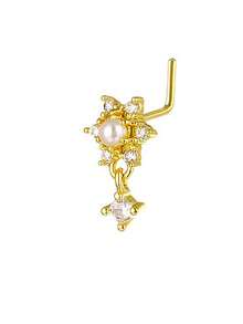 1 chiếc khuyên mũi hình ngôi sao chữ L mạ vàng đính ngọc trai và đá Cubic Zirconia, trang sức xỏ mũi Y2K dành cho nữ. - Vàng - Xem 10