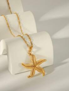 1 件时尚 18K 金不锈钢海洋系列海星吊坠项链，适合男女、情侣、日常、度假、派对、音乐节装饰和礼物 - 金色 - 查看 10