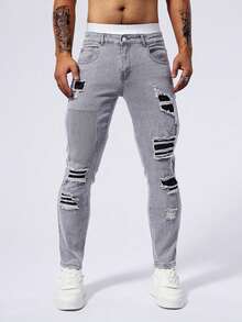 Ash Gray Washed Distressed Ripped Jeans, Niche Design, American Street Style, Long Pants For Men - Grey - View 1
