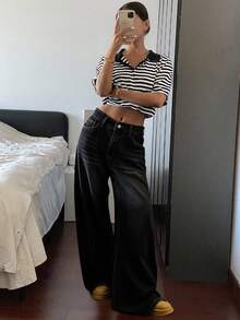 Livesso Women's Flared Jeans In Washed Denim,Back To School Clothes - Black - View 4